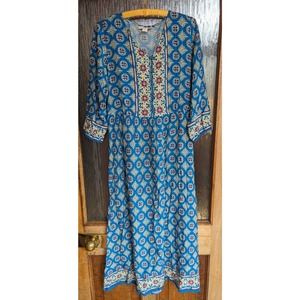 1970s Style Coldwater Creek Blue Rayon Boho Hippie Lightweight Tunic Dress S
